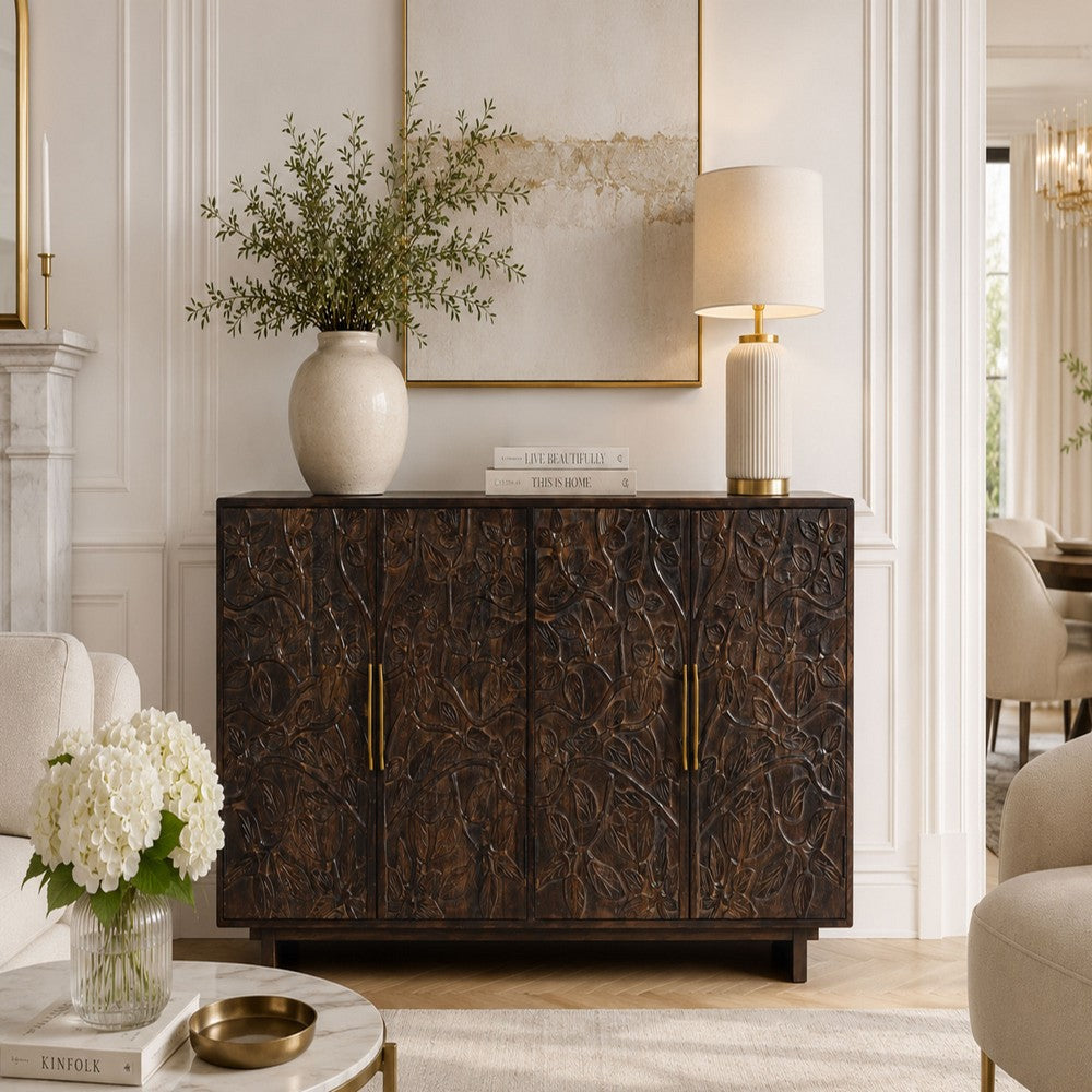 Suzi 4 Door Sideboard Buffet Cabinet, Antique Brass Handles, Handcarved Floral Motifs, Brown Mango Wood, 60 Inch - UPT-350833