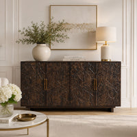 Suzi 4 Door Sideboard Buffet Cabinet, Antique Brass Handles, Handcarved Floral Motifs, Brown Mango Wood, 60 Inch - UPT-350833