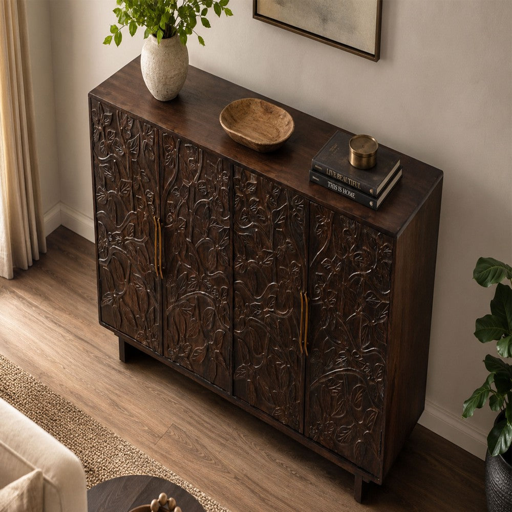 Suzi 4 Door Sideboard Buffet Cabinet, Antique Brass Handles, Handcarved Floral Motifs, Brown Mango Wood, 60 Inch - UPT-350833