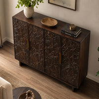 Suzi 4 Door Sideboard Buffet Cabinet, Antique Brass Handles, Handcarved Floral Motifs, Brown Mango Wood, 60 Inch - UPT-350833