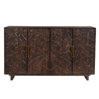 Suzi 4 Door Sideboard Buffet Cabinet, Antique Brass Handles, Handcarved Floral Motifs, Brown Mango Wood, 60 Inch - UPT-350833