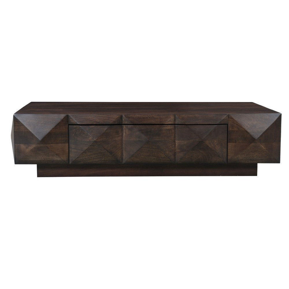 Jisaku 48 Inch Coffee Table with Storage Drawer, 3D Diamond Carved Panels, Walnut Brown Mango Wood - UPT-350834