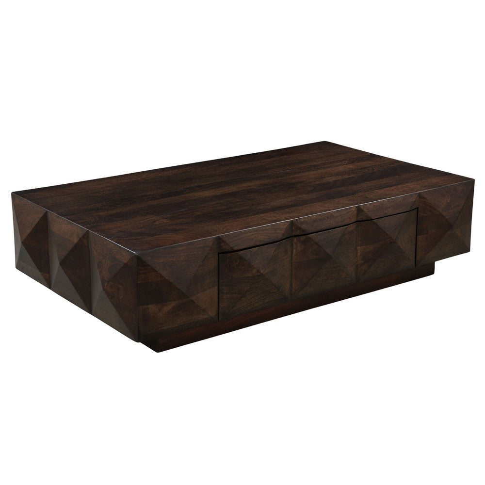 Jisaku 48 Inch Coffee Table with Storage Drawer, 3D Diamond Carved Panels, Walnut Brown Mango Wood - UPT-350834