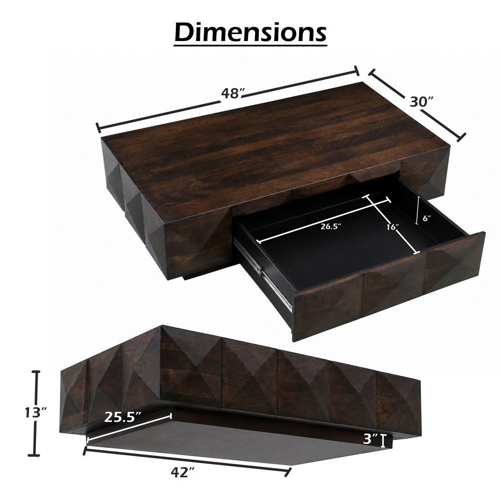 Jisaku 48 Inch Coffee Table with Storage Drawer, 3D Diamond Carved Panels, Walnut Brown Mango Wood - UPT-350834