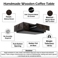 Jisaku 48 Inch Coffee Table with Storage Drawer, 3D Diamond Carved Panels, Walnut Brown Mango Wood - UPT-350834