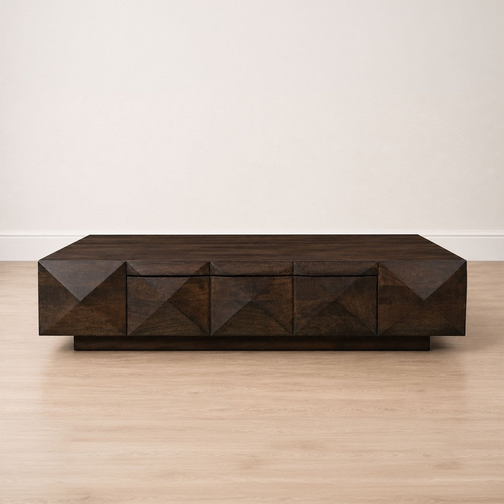 Jisaku 48 Inch Coffee Table with Storage Drawer, 3D Diamond Carved Panels, Walnut Brown Mango Wood - UPT-350834