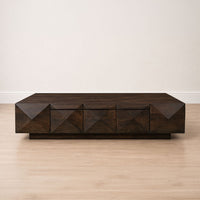 Jisaku 48 Inch Coffee Table with Storage Drawer, 3D Diamond Carved Panels, Walnut Brown Mango Wood - UPT-350834