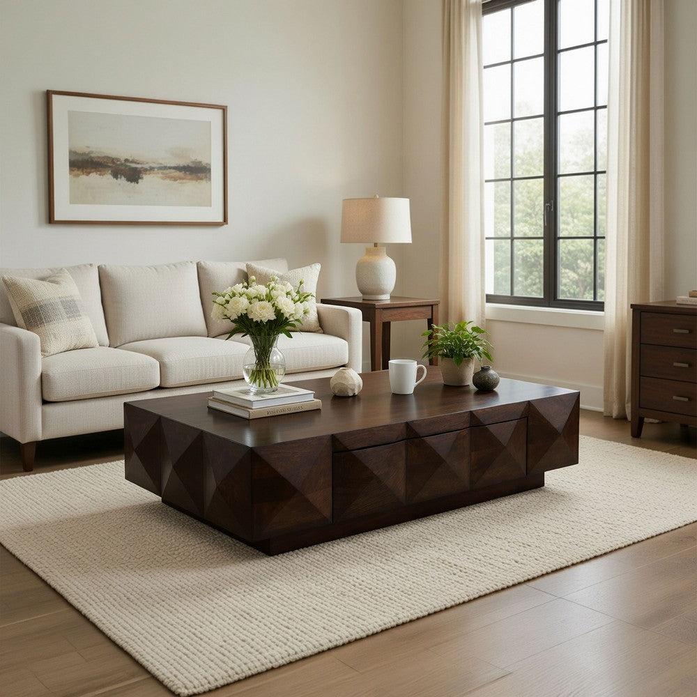 Jisaku 48 Inch Coffee Table with Storage Drawer, 3D Diamond Carved Panels, Walnut Brown Mango Wood - UPT-350834