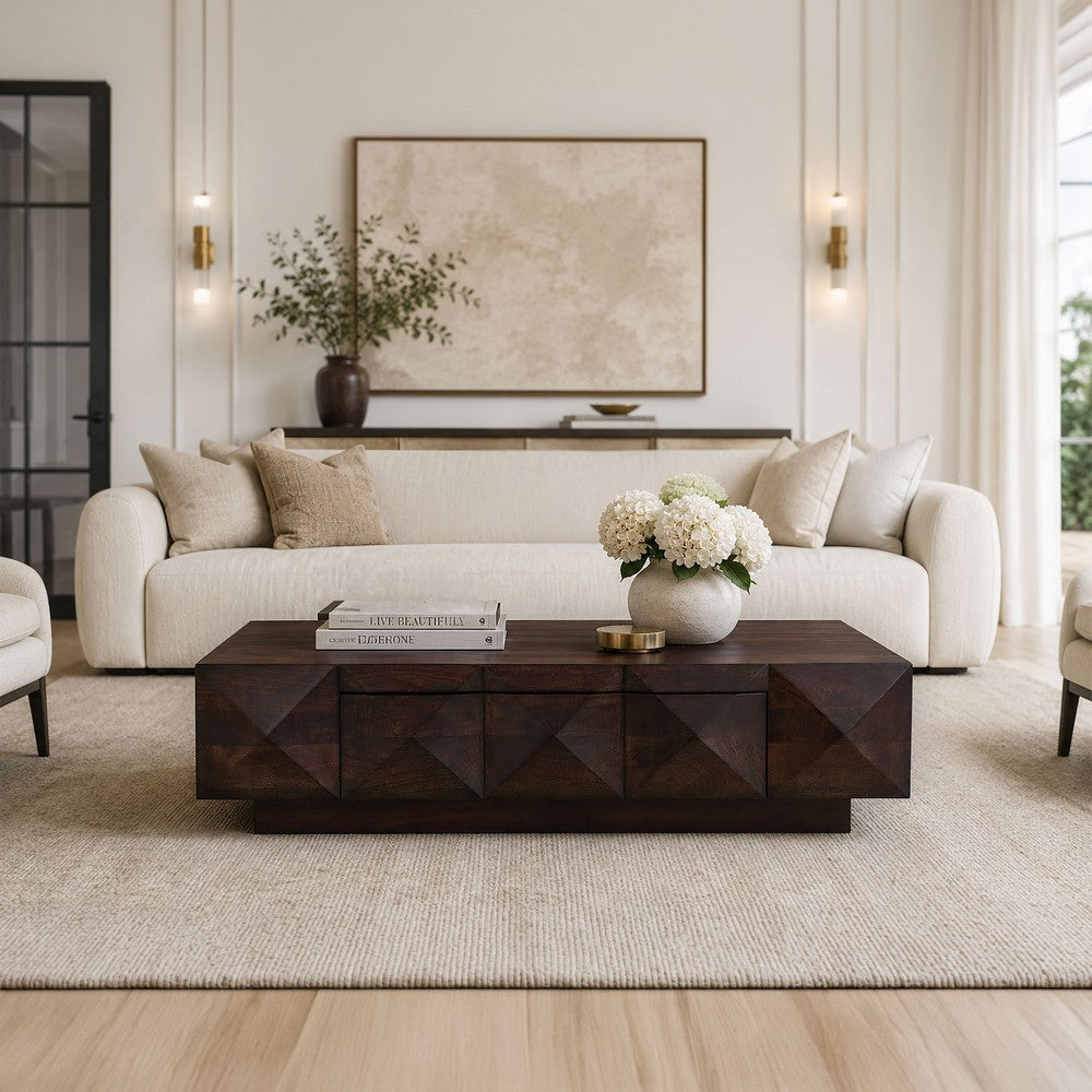 Jisaku 48 Inch Coffee Table with Storage Drawer, 3D Diamond Carved Panels, Walnut Brown Mango Wood - UPT-350834