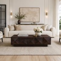 Jisaku 48 Inch Coffee Table with Storage Drawer, 3D Diamond Carved Panels, Walnut Brown Mango Wood - UPT-350834