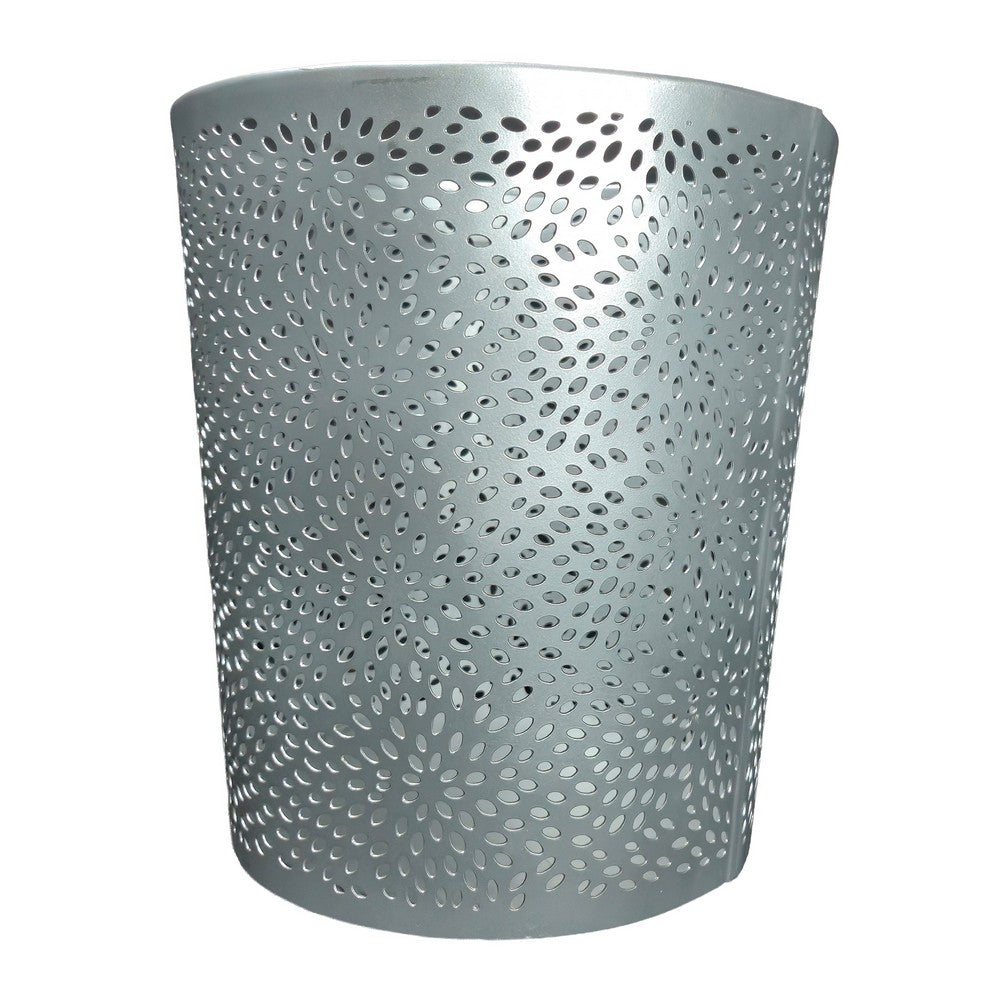 Josi 10 Inch Wastebasket Trash Can, Detailed Leaf Etching, Silver Finish - UPT-350835
