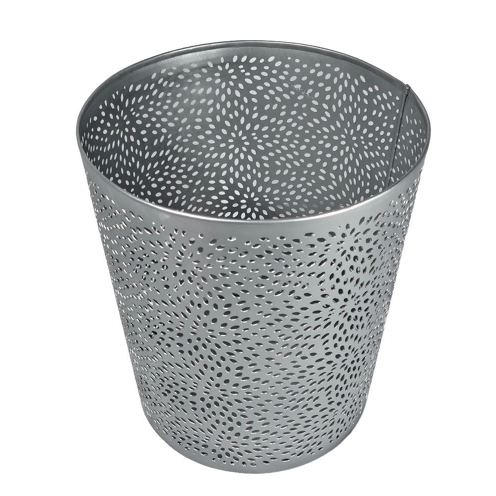 Josi 10 Inch Wastebasket Trash Can, Detailed Leaf Etching, Silver Finish - UPT-350835