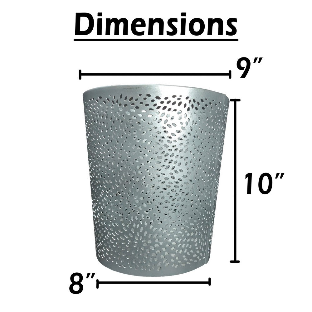 Josi 10 Inch Wastebasket Trash Can, Detailed Leaf Etching, Silver Finish - UPT-350835