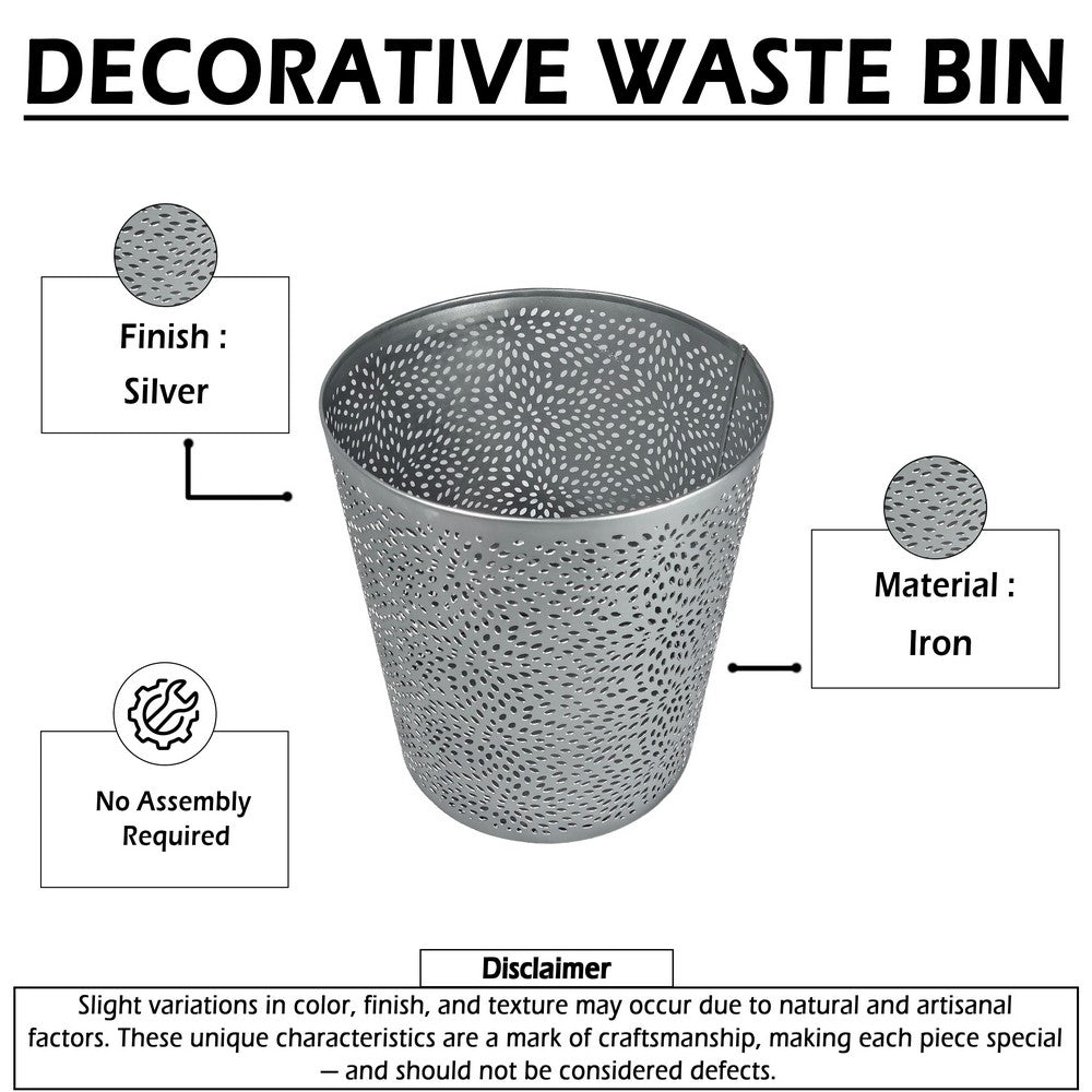 Josi 10 Inch Wastebasket Trash Can, Detailed Leaf Etching, Silver Finish - UPT-350835