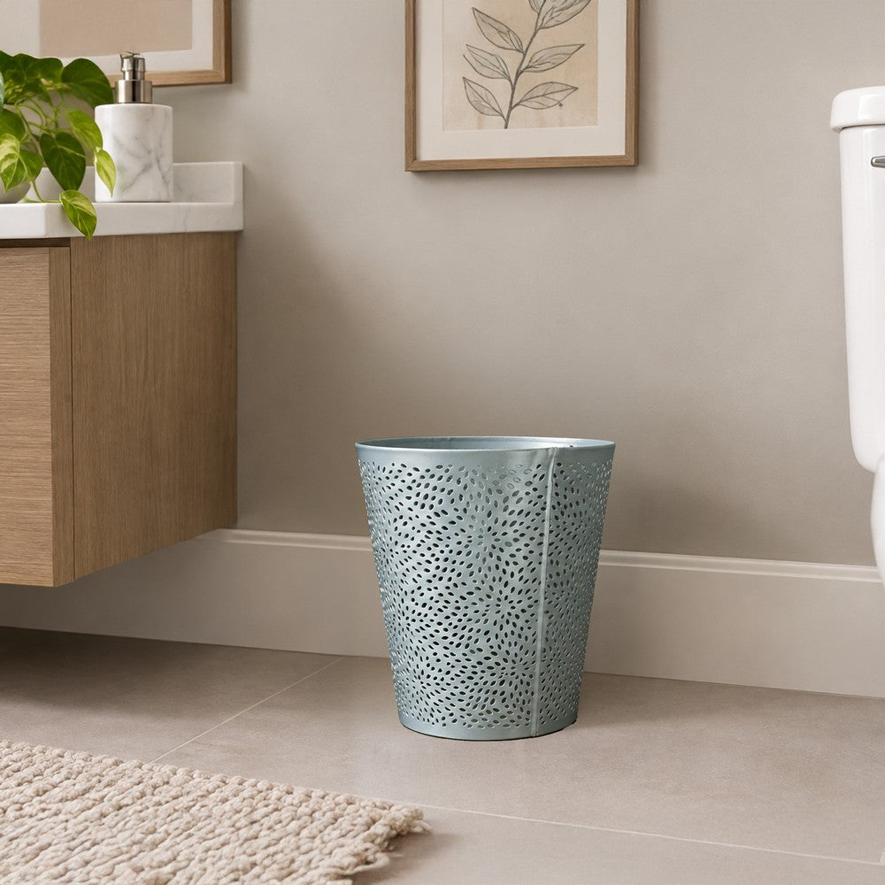 Josi 10 Inch Wastebasket Trash Can, Detailed Leaf Etching, Silver Finish - UPT-350835