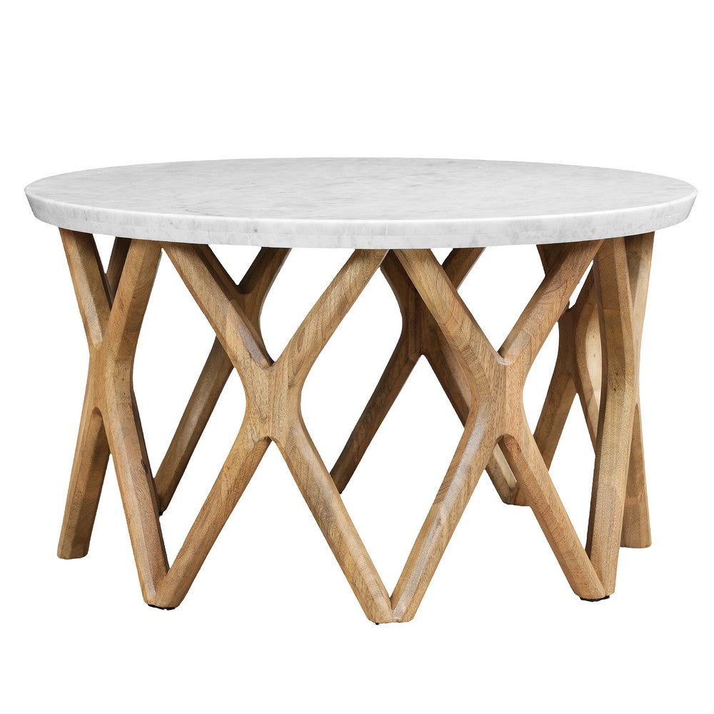Jena 32 Inch Round Coffee Table, White Banswara Marble Top, Criss Cross Base, Natural Brown - UPT-350836