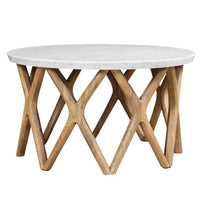 Jena 32 Inch Round Coffee Table, White Banswara Marble Top, Criss Cross Base, Natural Brown - UPT-350836