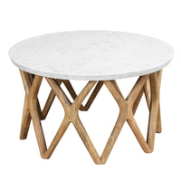 Jena 32 Inch Round Coffee Table, White Banswara Marble Top, Criss Cross Base, Natural Brown - UPT-350836
