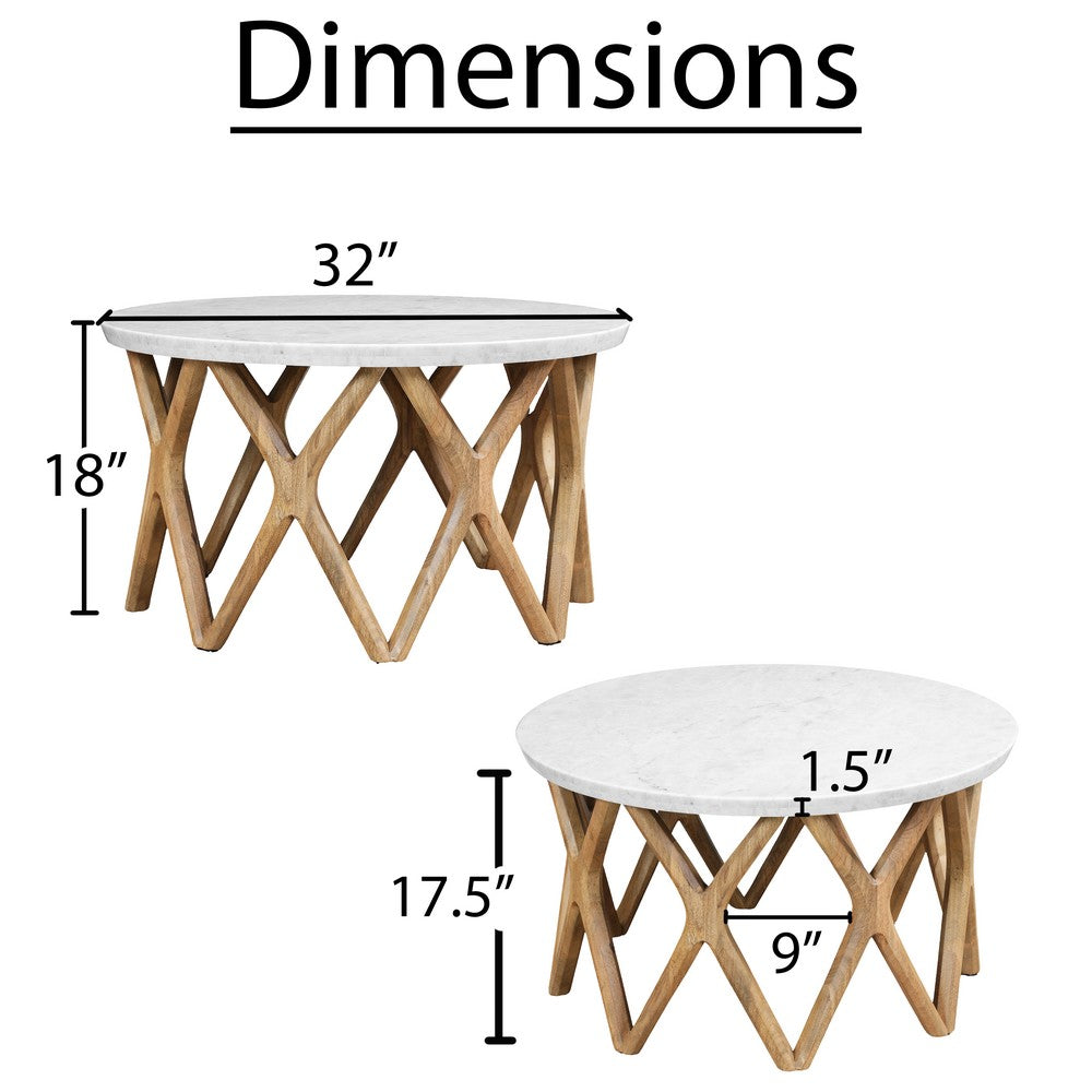 Jena 32 Inch Round Coffee Table, White Banswara Marble Top, Criss Cross Base, Natural Brown - UPT-350836