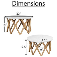 Jena 32 Inch Round Coffee Table, White Banswara Marble Top, Criss Cross Base, Natural Brown - UPT-350836