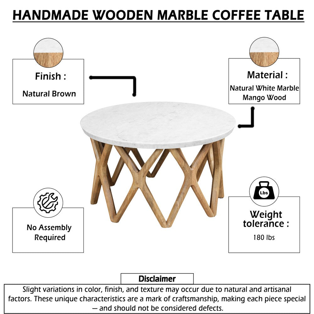 Jena 32 Inch Round Coffee Table, White Banswara Marble Top, Criss Cross Base, Natural Brown - UPT-350836