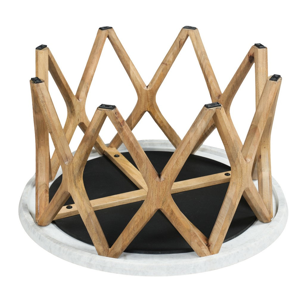 Jena 32 Inch Round Coffee Table, White Banswara Marble Top, Criss Cross Base, Natural Brown - UPT-350836