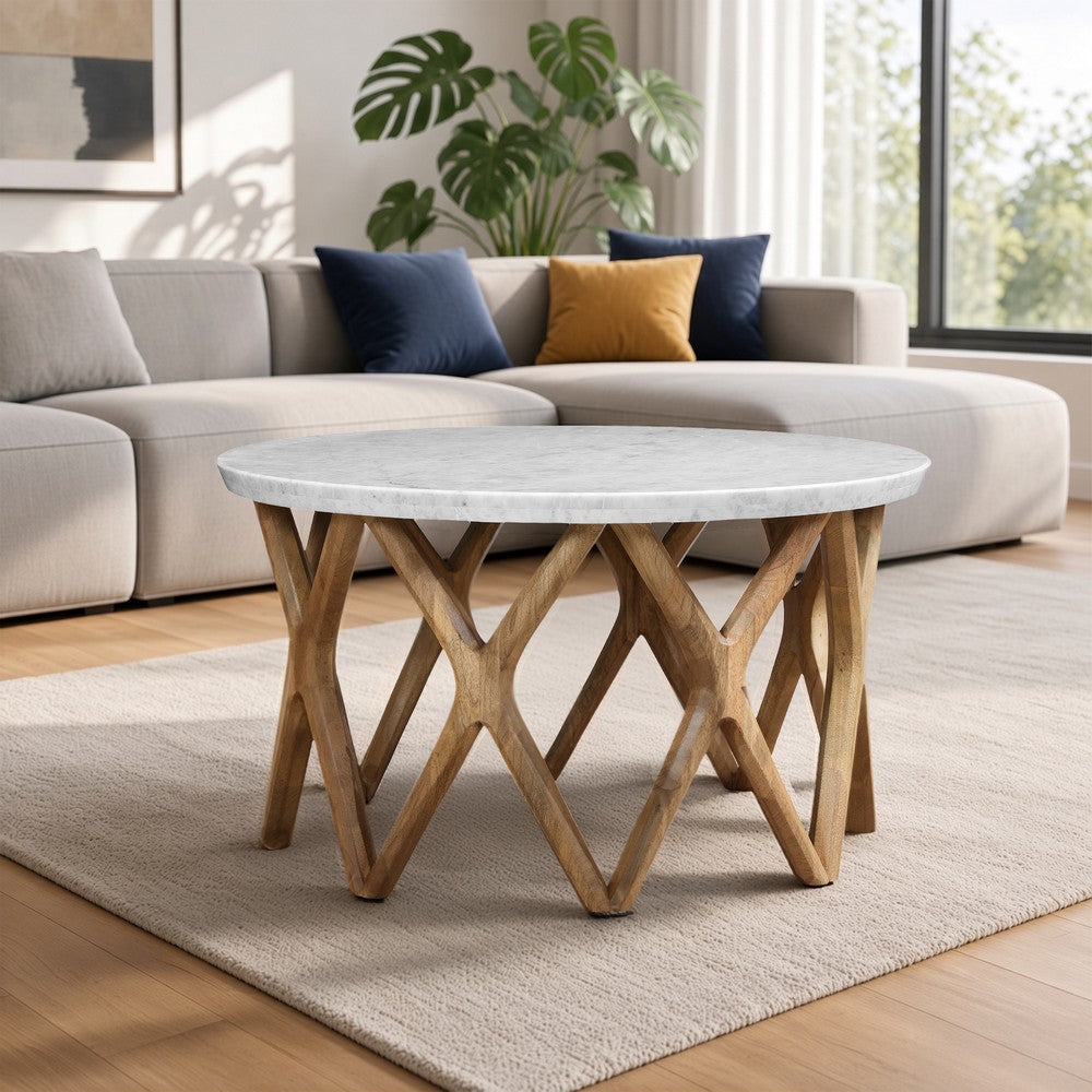 Jena 32 Inch Round Coffee Table, White Banswara Marble Top, Criss Cross Base, Natural Brown - UPT-350836