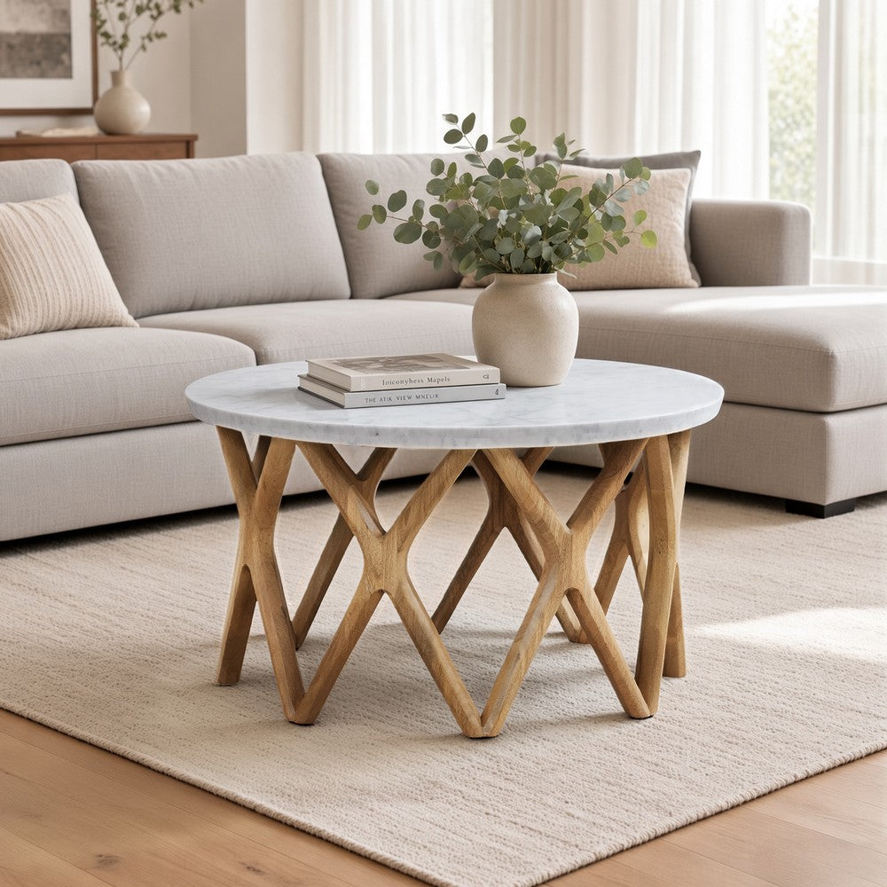 Jena 32 Inch Round Coffee Table, White Banswara Marble Top, Criss Cross Base, Natural Brown - UPT-350836