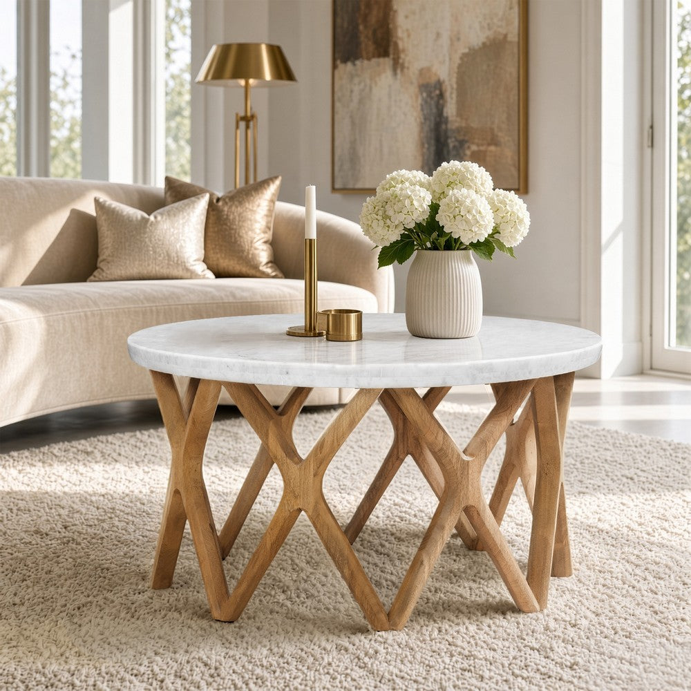 Jena 32 Inch Round Coffee Table, White Banswara Marble Top, Criss Cross Base, Natural Brown - UPT-350836