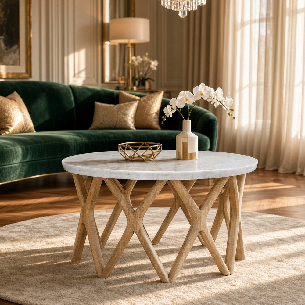 Jena 32 Inch Round Coffee Table, White Banswara Marble Top, Criss Cross Base, Natural Brown - UPT-350836