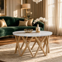 Jena 32 Inch Round Coffee Table, White Banswara Marble Top, Criss Cross Base, Natural Brown - UPT-350836
