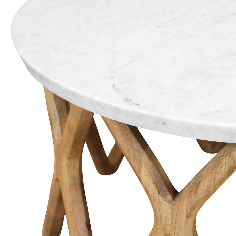 Jena 32 Inch Round Coffee Table, White Banswara Marble Top, Criss Cross Base, Natural Brown - UPT-350836
