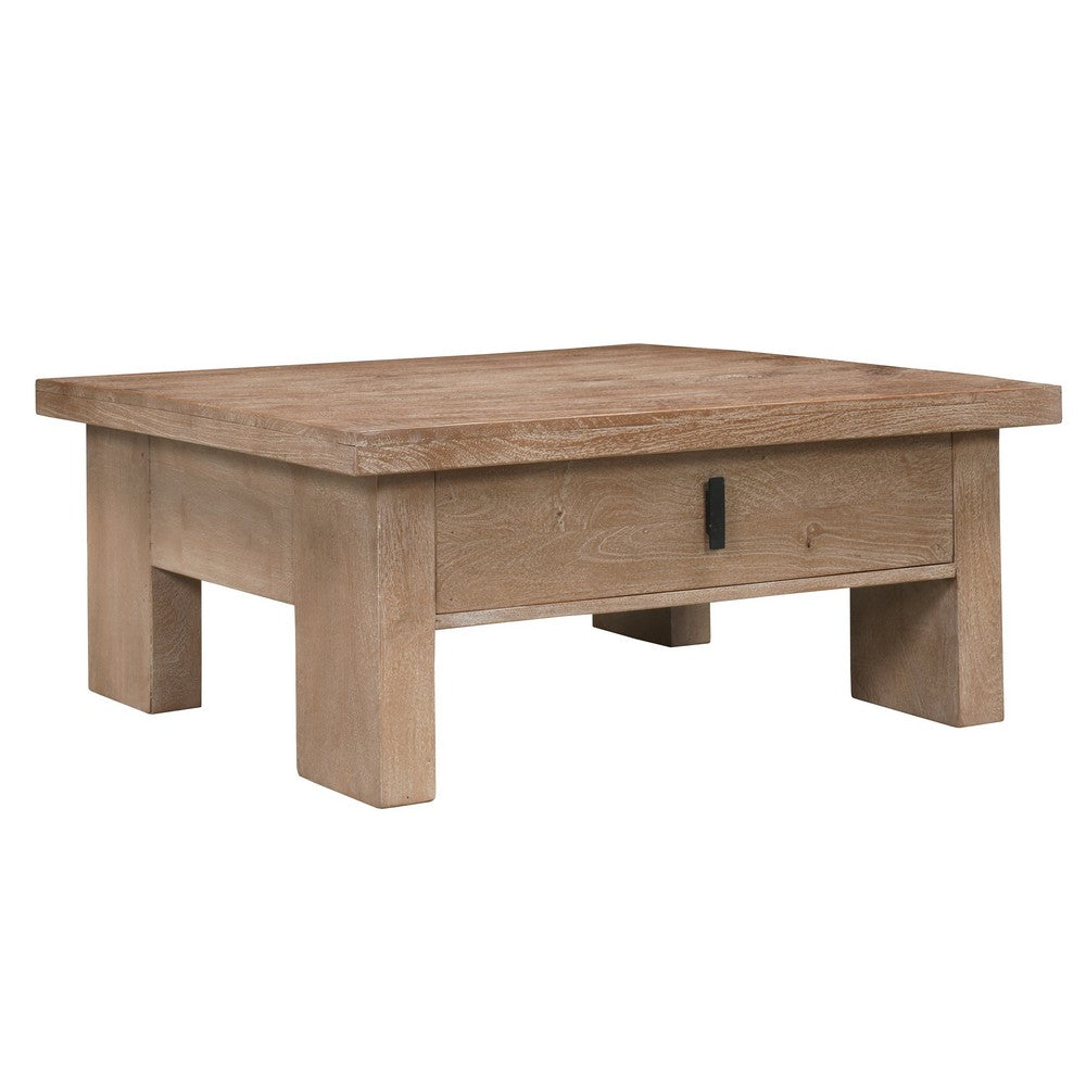 Les 36 Inch Square Coffee Table with Panel Legs, 2 Storage Drawers, Matte Brown Mango Wood, Black Handles - UPT-350837