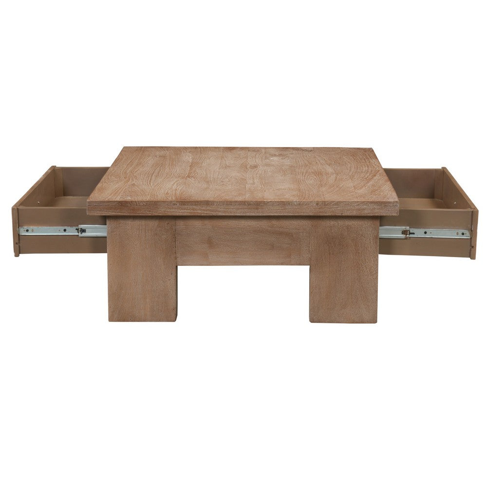 Les 36 Inch Square Coffee Table with Panel Legs, 2 Storage Drawers, Matte Brown Mango Wood, Black Handles - UPT-350837