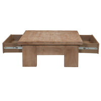 Les 36 Inch Square Coffee Table with Panel Legs, 2 Storage Drawers, Matte Brown Mango Wood, Black Handles - UPT-350837