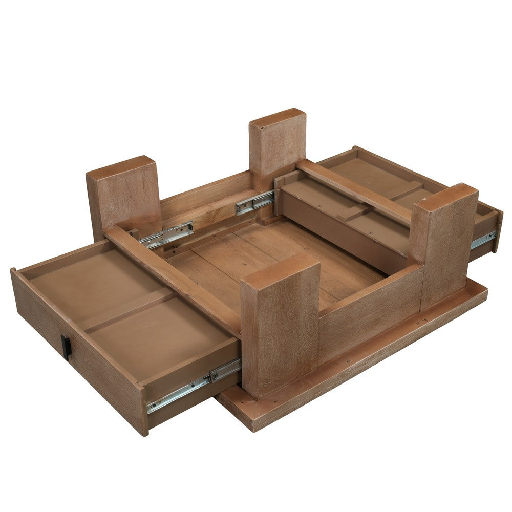 Les 36 Inch Square Coffee Table with Panel Legs, 2 Storage Drawers, Matte Brown Mango Wood, Black Handles - UPT-350837