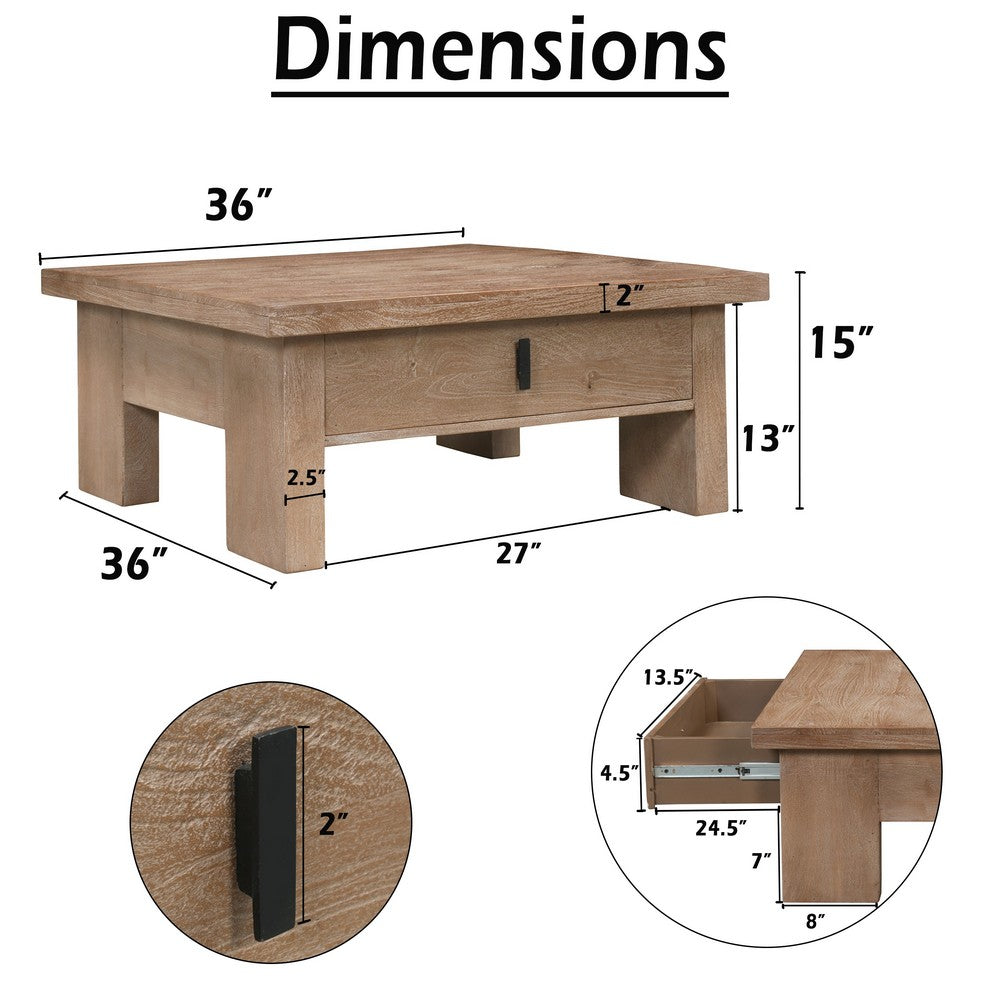 Les 36 Inch Square Coffee Table with Panel Legs, 2 Storage Drawers, Matte Brown Mango Wood, Black Handles - UPT-350837
