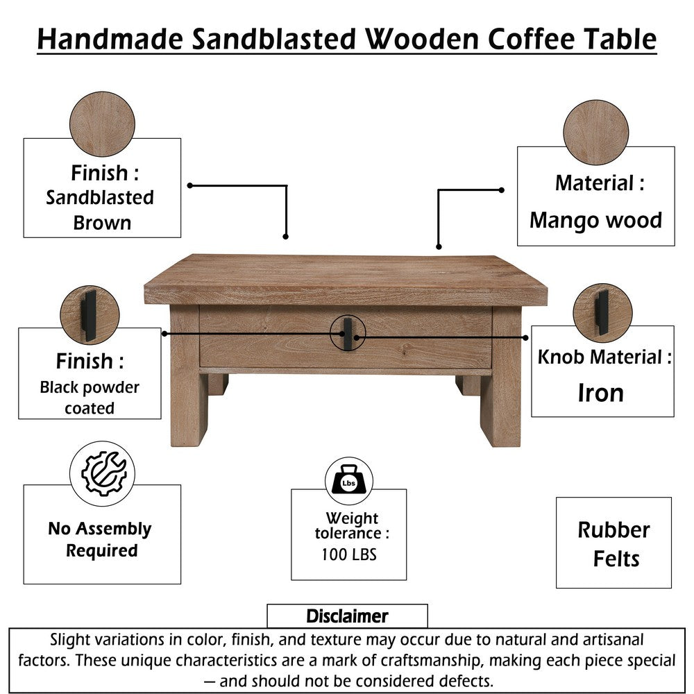 Les 36 Inch Square Coffee Table with Panel Legs, 2 Storage Drawers, Matte Brown Mango Wood, Black Handles - UPT-350837