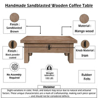 Les 36 Inch Square Coffee Table with Panel Legs, 2 Storage Drawers, Matte Brown Mango Wood, Black Handles - UPT-350837