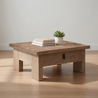 Les 36 Inch Square Coffee Table with Panel Legs, 2 Storage Drawers, Matte Brown Mango Wood, Black Handles - UPT-350837