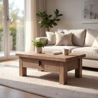 Les 36 Inch Square Coffee Table with Panel Legs, 2 Storage Drawers, Matte Brown Mango Wood, Black Handles - UPT-350837