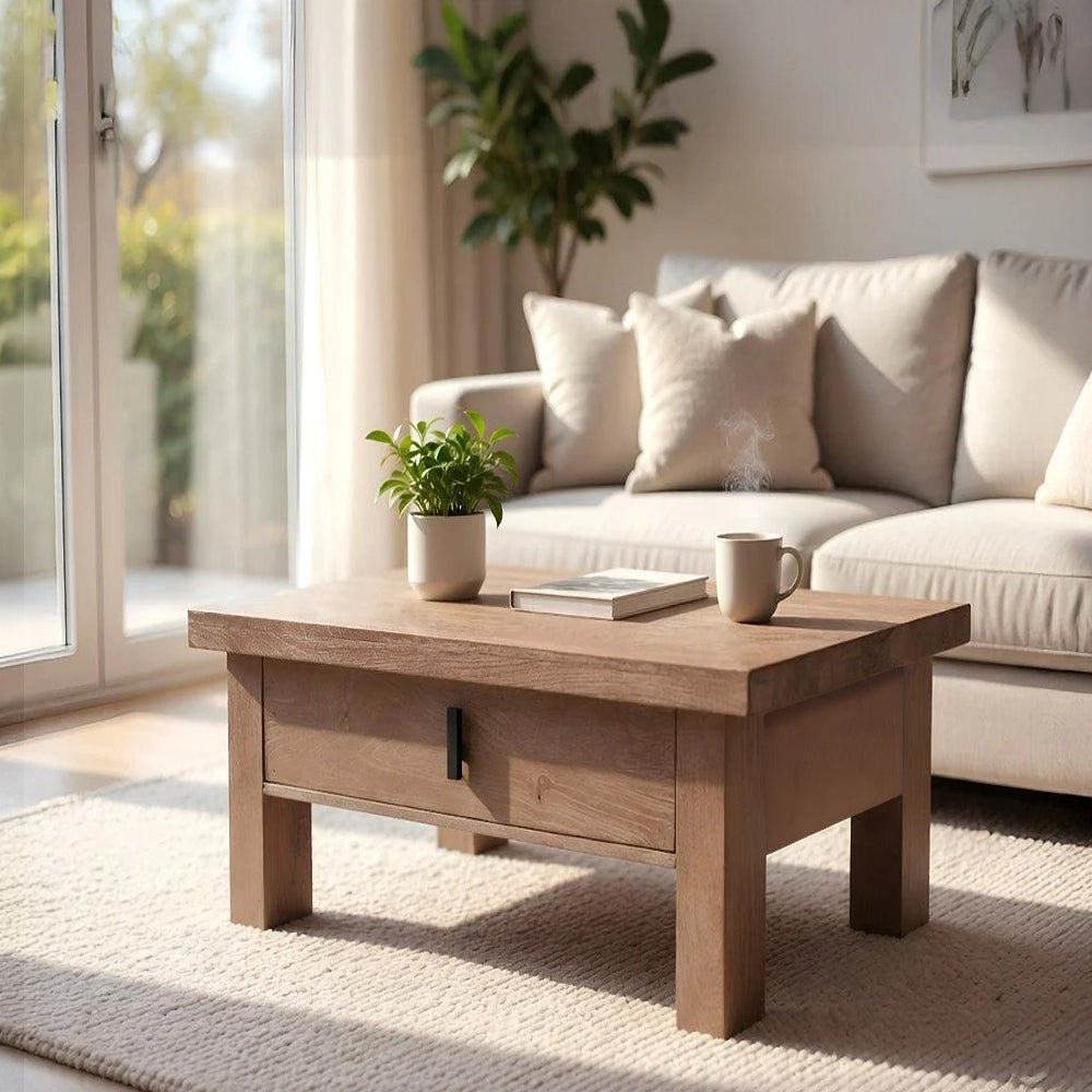 Les 36 Inch Square Coffee Table with Panel Legs, 2 Storage Drawers, Matte Brown Mango Wood, Black Handles - UPT-350837