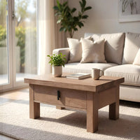 Les 36 Inch Square Coffee Table with Panel Legs, 2 Storage Drawers, Matte Brown Mango Wood, Black Handles - UPT-350837