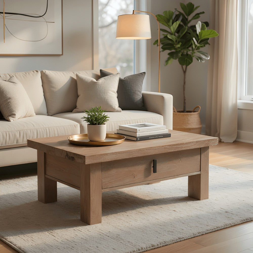Les 36 Inch Square Coffee Table with Panel Legs, 2 Storage Drawers, Matte Brown Mango Wood, Black Handles - UPT-350837