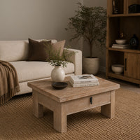 Les 36 Inch Square Coffee Table with Panel Legs, 2 Storage Drawers, Matte Brown Mango Wood, Black Handles - UPT-350837