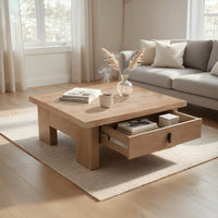 Les 36 Inch Square Coffee Table with Panel Legs, 2 Storage Drawers, Matte Brown Mango Wood, Black Handles - UPT-350837