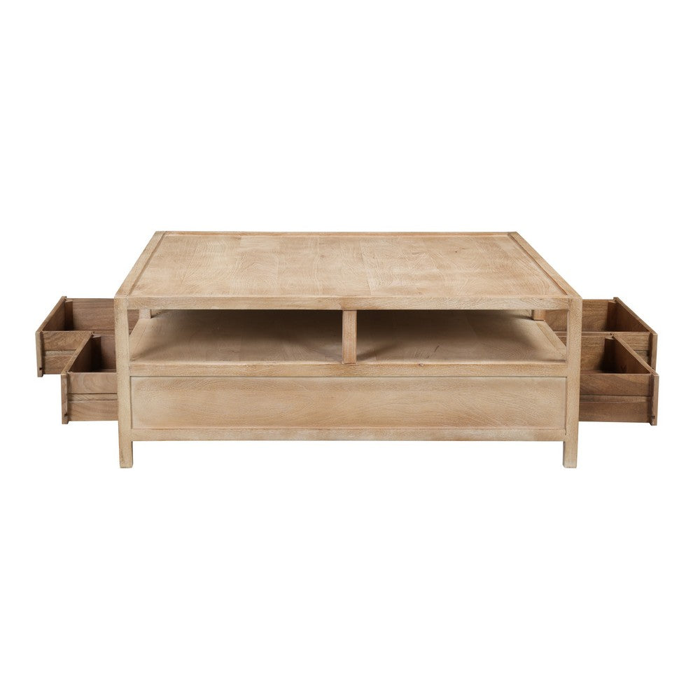 Hika 45 Inch Square Coffee Table, 4 Storage Drawers and Open Shelf, Light Brown Mango Wood - UPT-350838