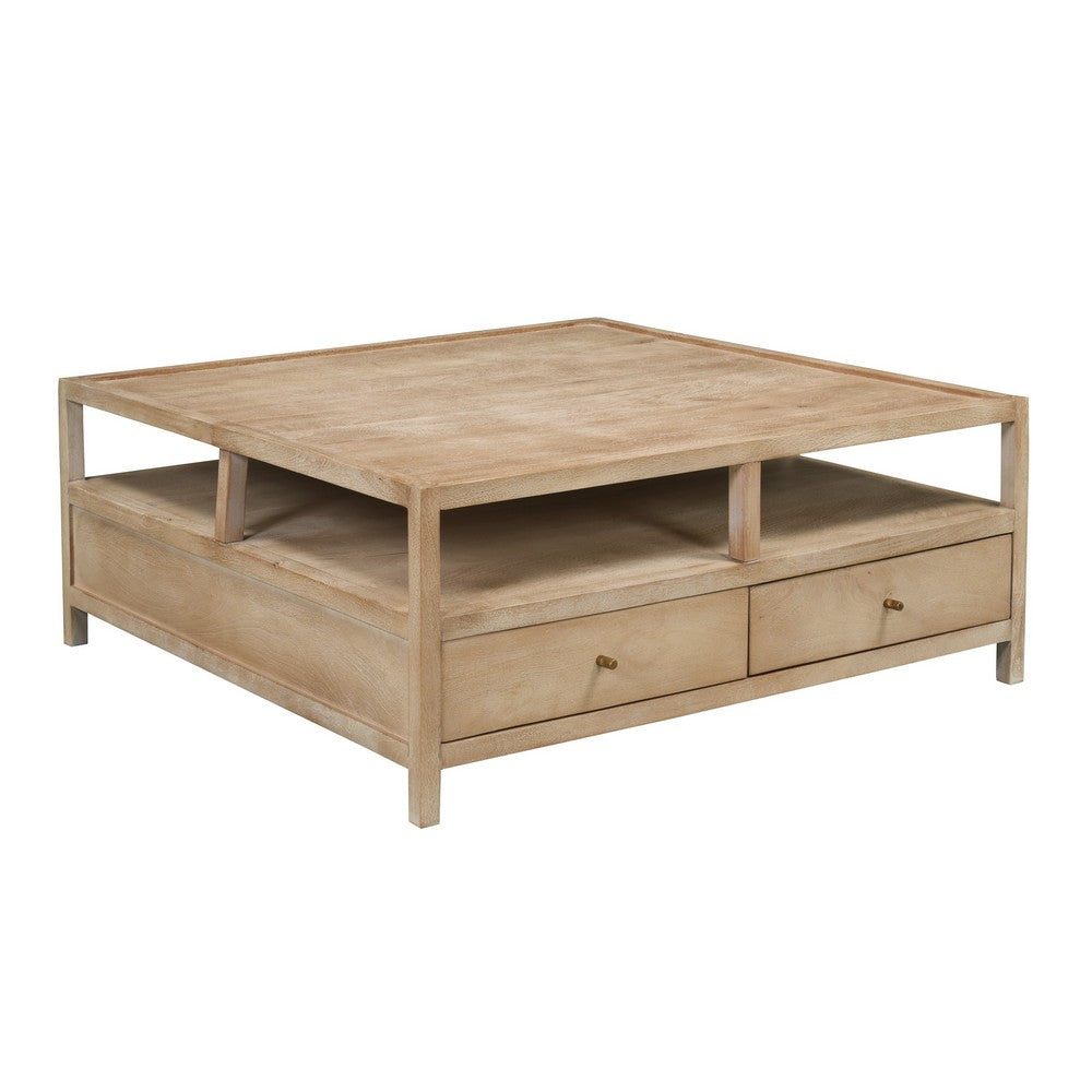 Hika 45 Inch Square Coffee Table, 4 Storage Drawers and Open Shelf, Light Brown Mango Wood - UPT-350838