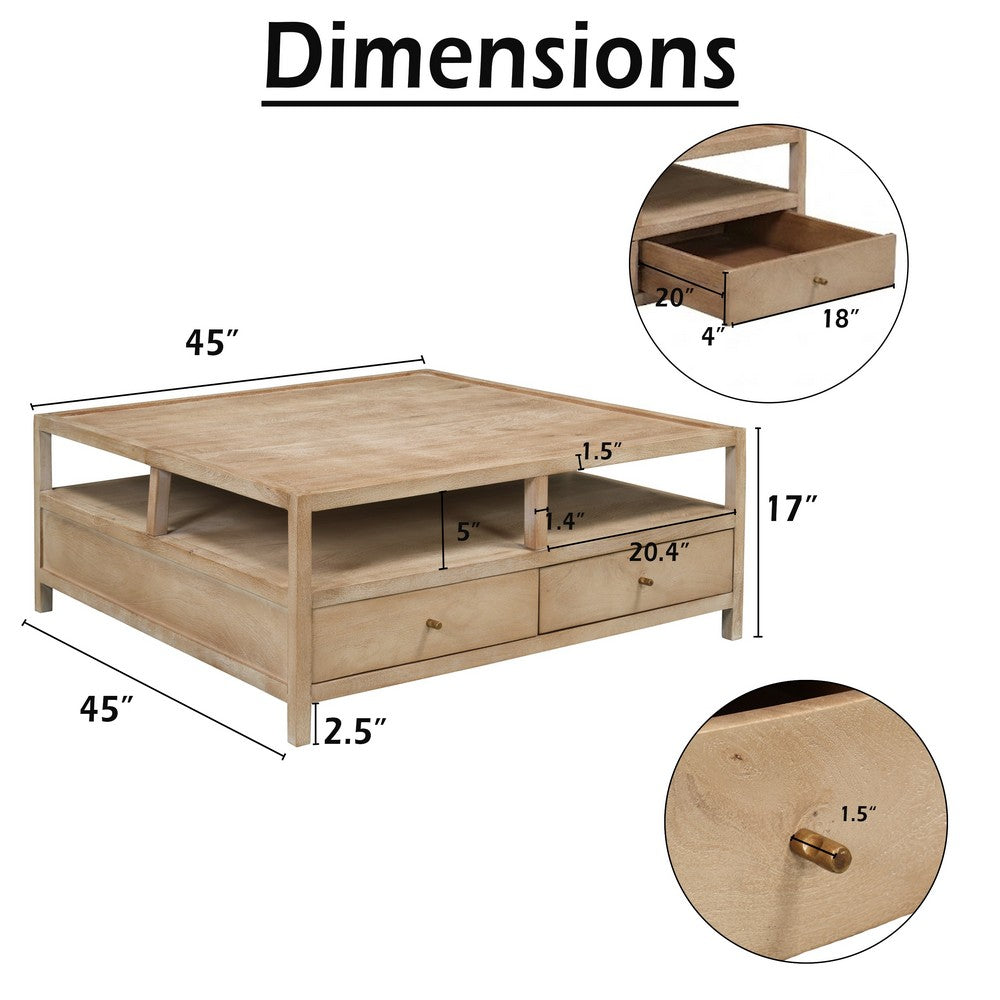 Hika 45 Inch Square Coffee Table, 4 Storage Drawers and Open Shelf, Light Brown Mango Wood - UPT-350838