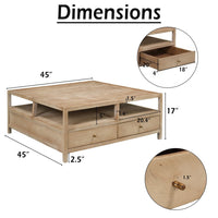 Hika 45 Inch Square Coffee Table, 4 Storage Drawers and Open Shelf, Light Brown Mango Wood - UPT-350838